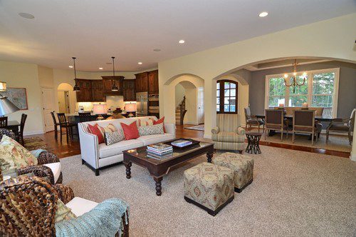 open floor plan with gray walls