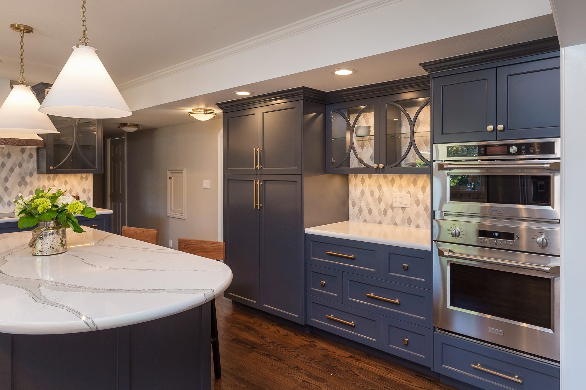 design build kitchen remodel in san jose - blue cabinets with custom range hood