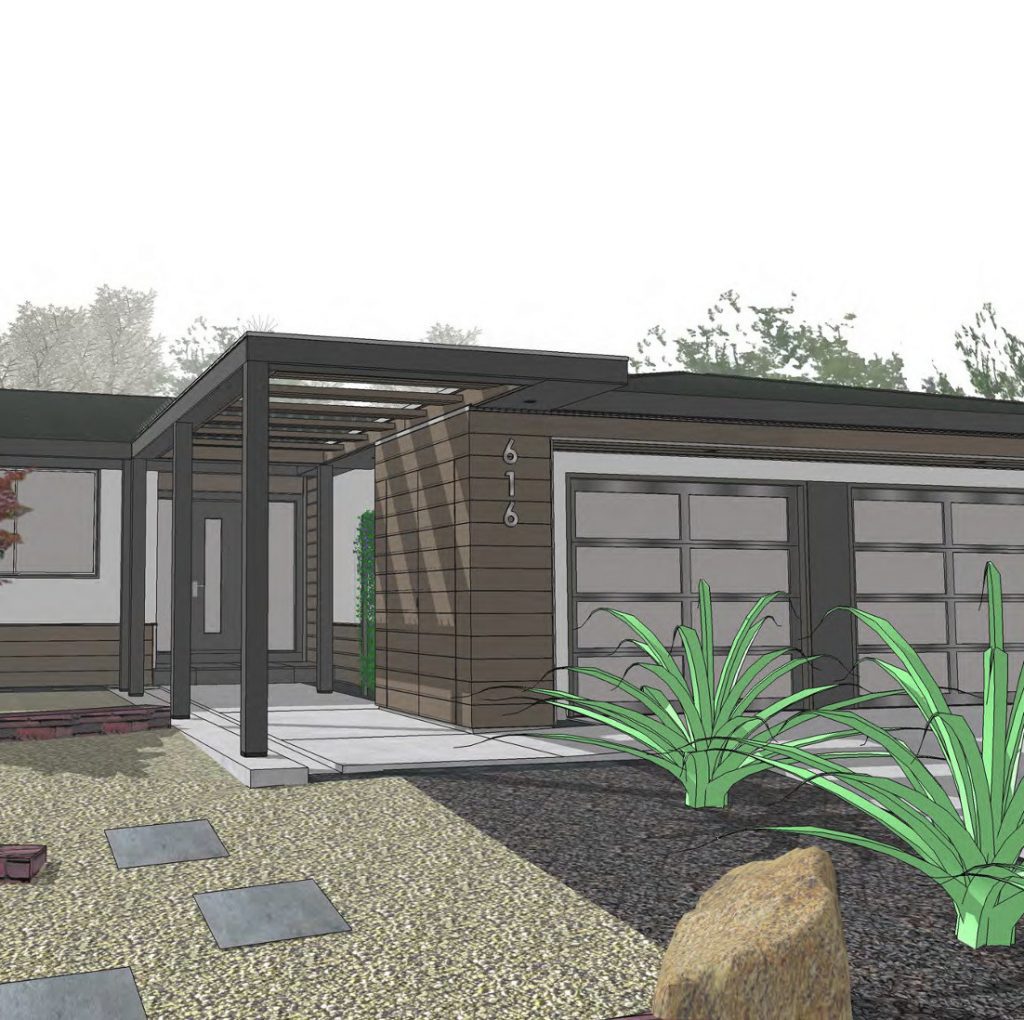 a 3D rendering of an outdoor space; floorplans for 1940s homes in san mateo county can include indoor improvements and exterior remodeling for curb appeal
